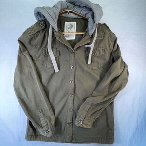 Lois Olive Green Gray Hooded Button Front Cotton Military Jean Jacket Size XL